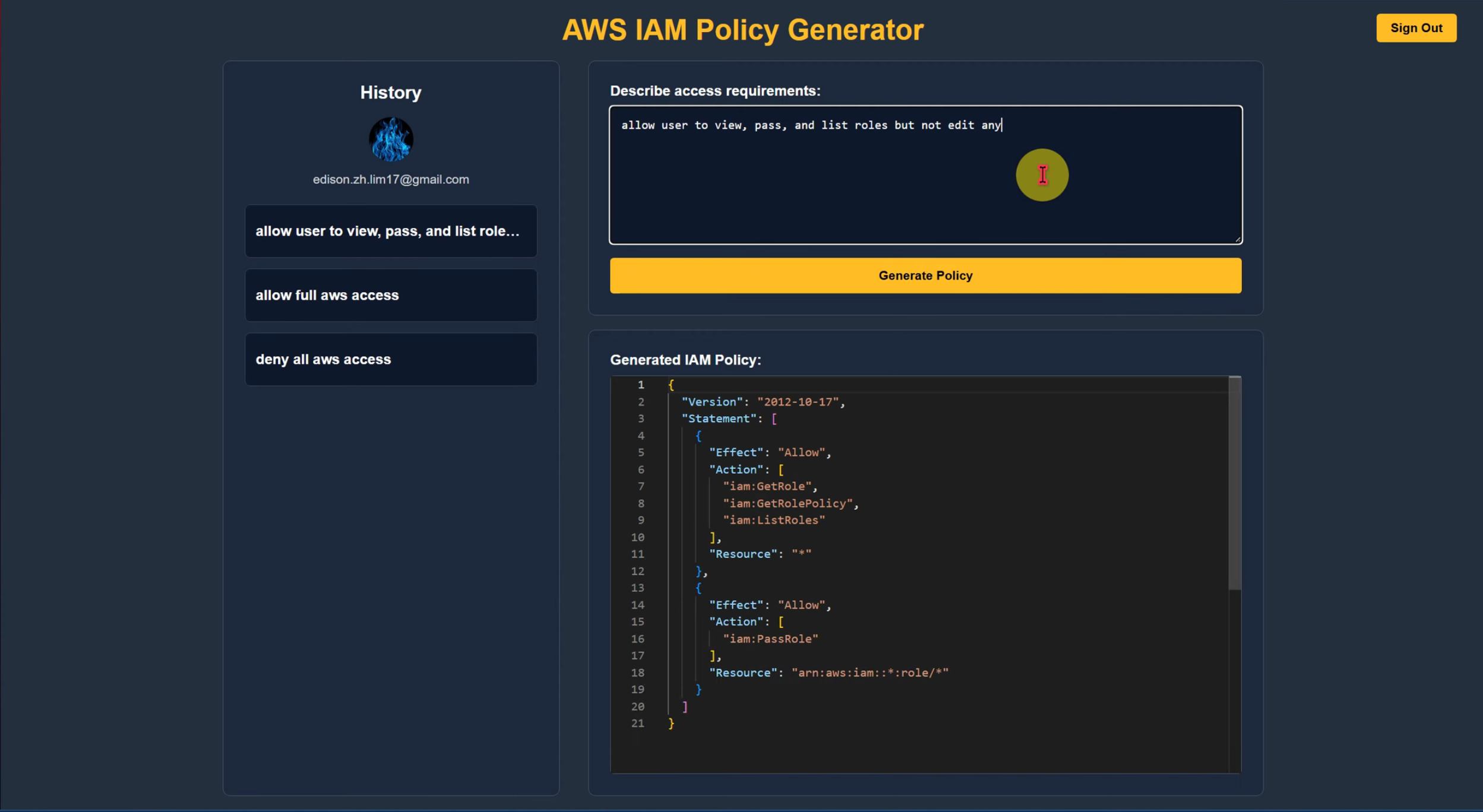 Screenshot of IAM Policy Generator app
